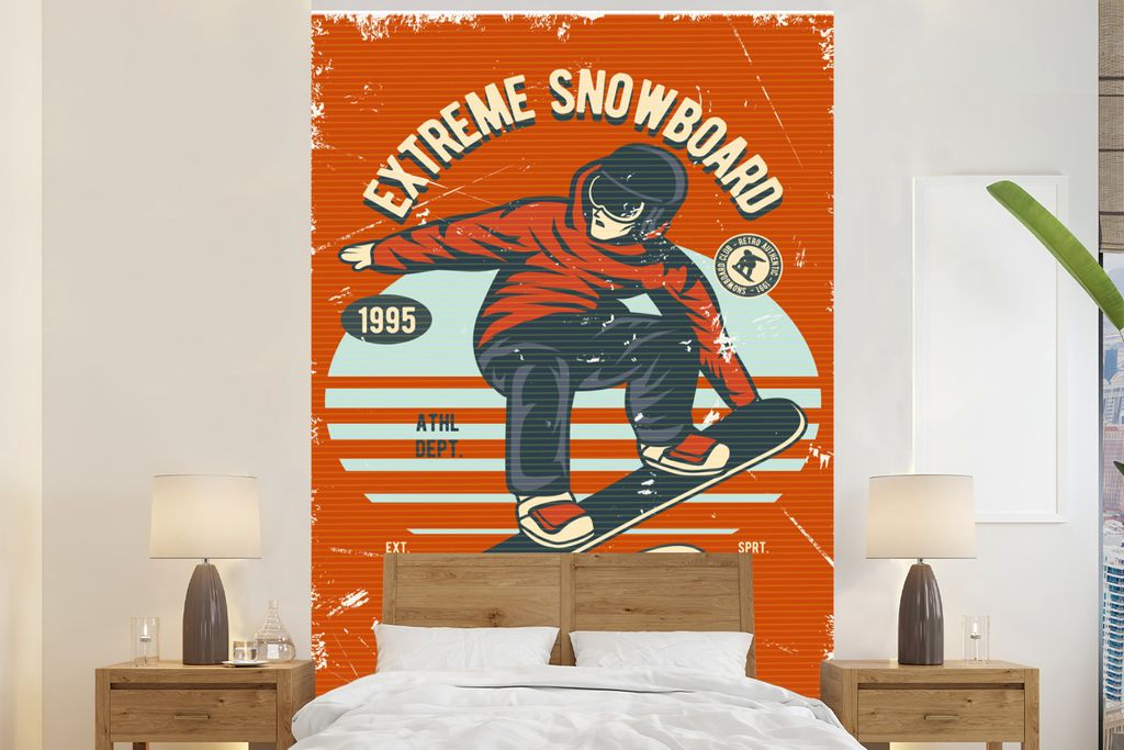 MuchoWow Fototapete für Wohnzimmer oder Schlafzimmer Wandtapete Vinyl Motivtapete Snowboard - Mann - Retro - 225x350 cm - Schlafzimmer tapete