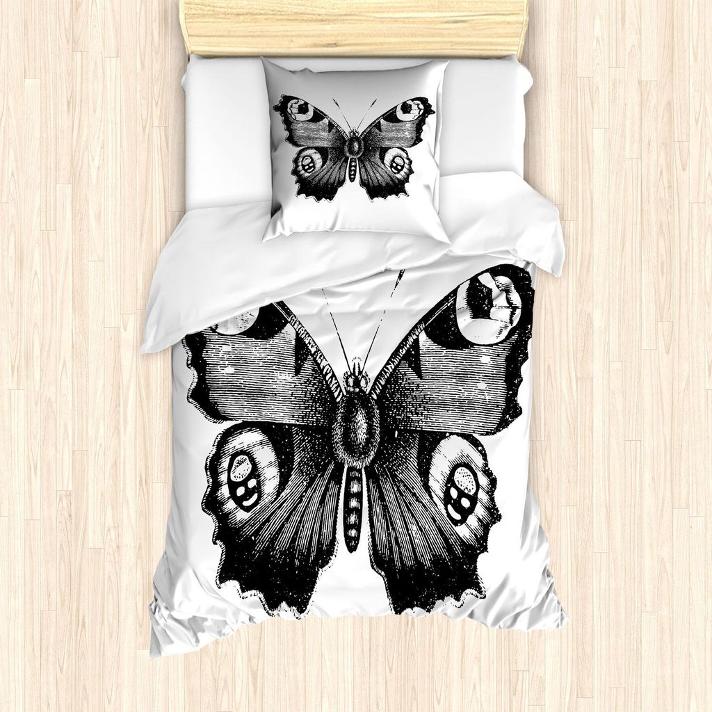ABAKUHAUS Schwarz und weiß Bettbezug Set, Vanessa-Pfau-Schmetterlings-Weinlese-Art-Tier-Thema-Natur-Grafik, 135 x 200 cm + 80 x 80 cm, Weiß Schwarz