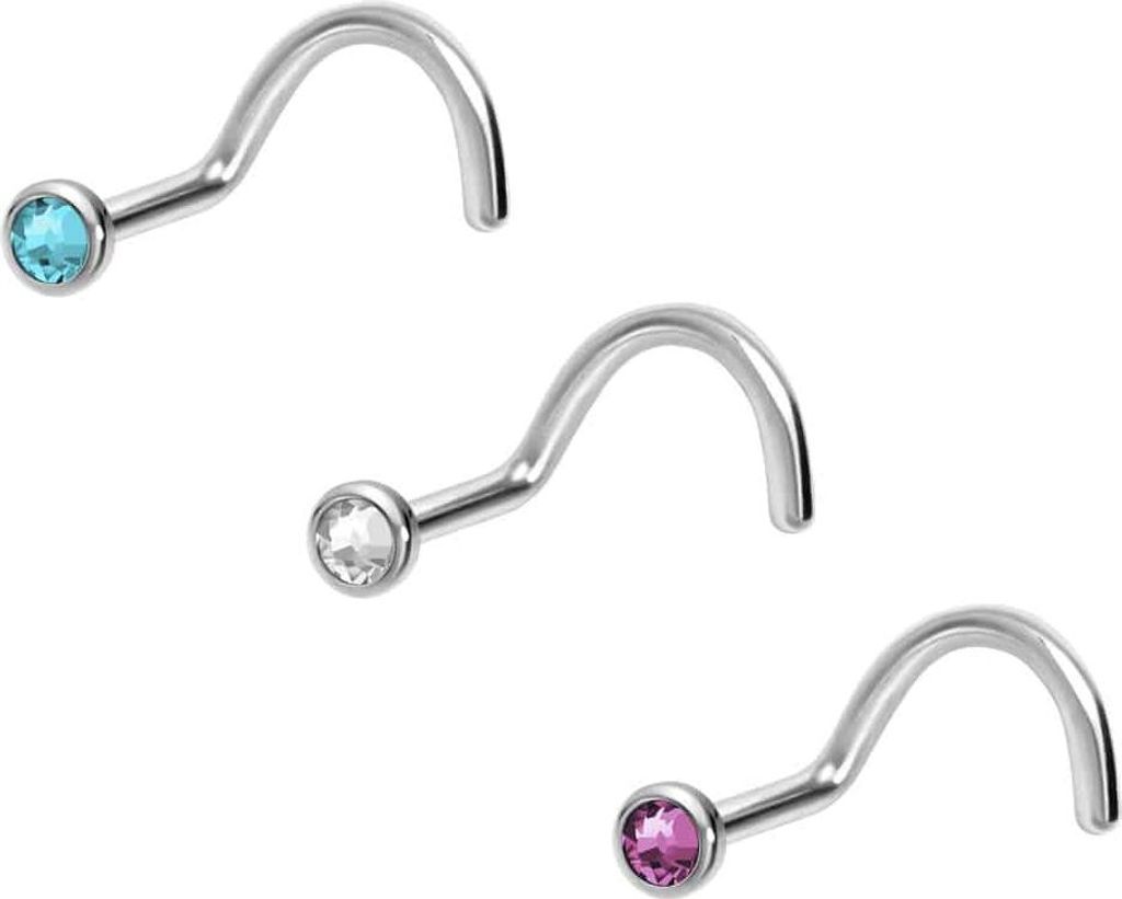 Nasenpiercing, Nasenstecker 3er Set Titan Nasenstecker Spirale FLACHE KRISTALLDISC