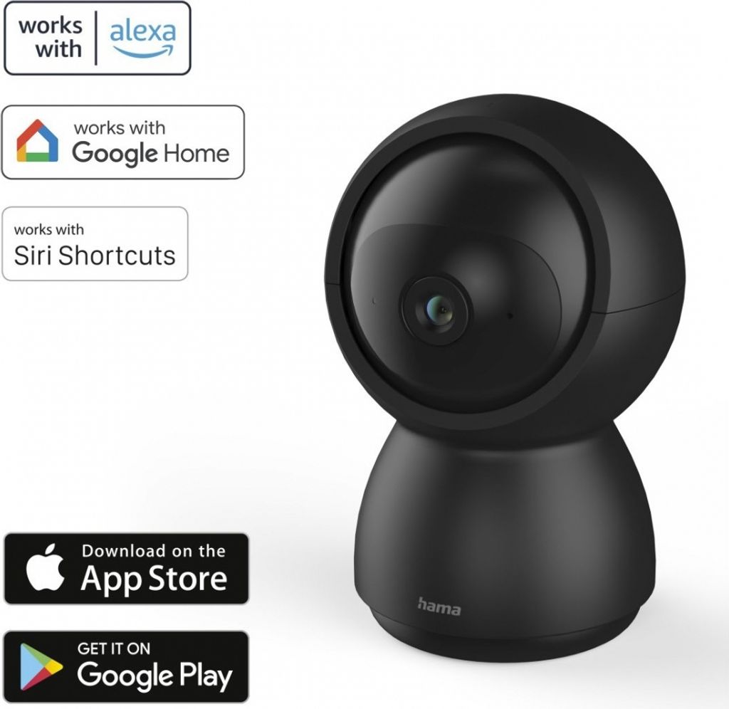 A black Hama surveillance camera is shown against a white background, with several compatibility badges and app store download icons.