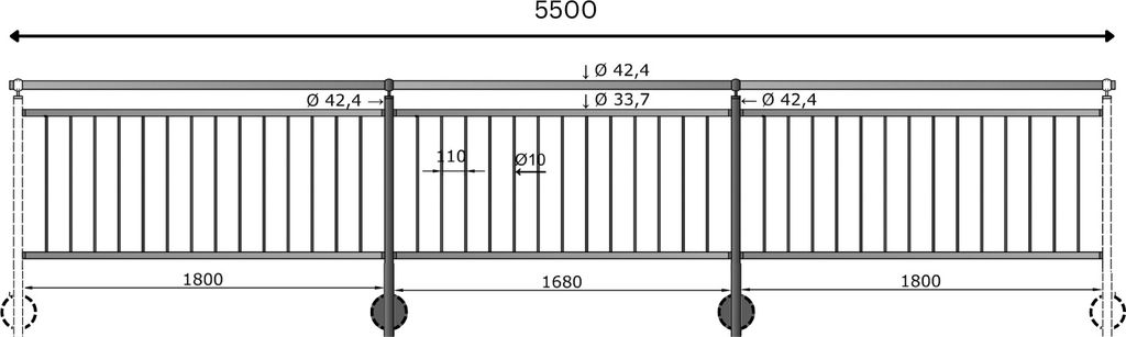 TIBU Geländer Edelstahl Balkongeländer Treppengeländer 0,8-6m senkrechte Streben seitliche Montage, Länge 5500 mm mit Seitenabstand 50 mm