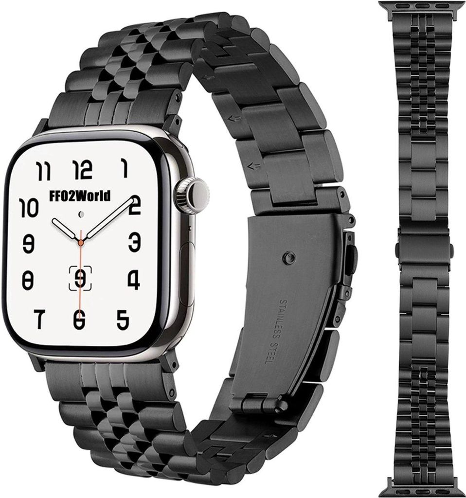 FFO2World Edelstahlarmband mit 5- & 3-Glieder-Design für Apple Watch 42/41/40/38 mm (Serie 1–11, SE) – robustes Metallarmband – Schwarz