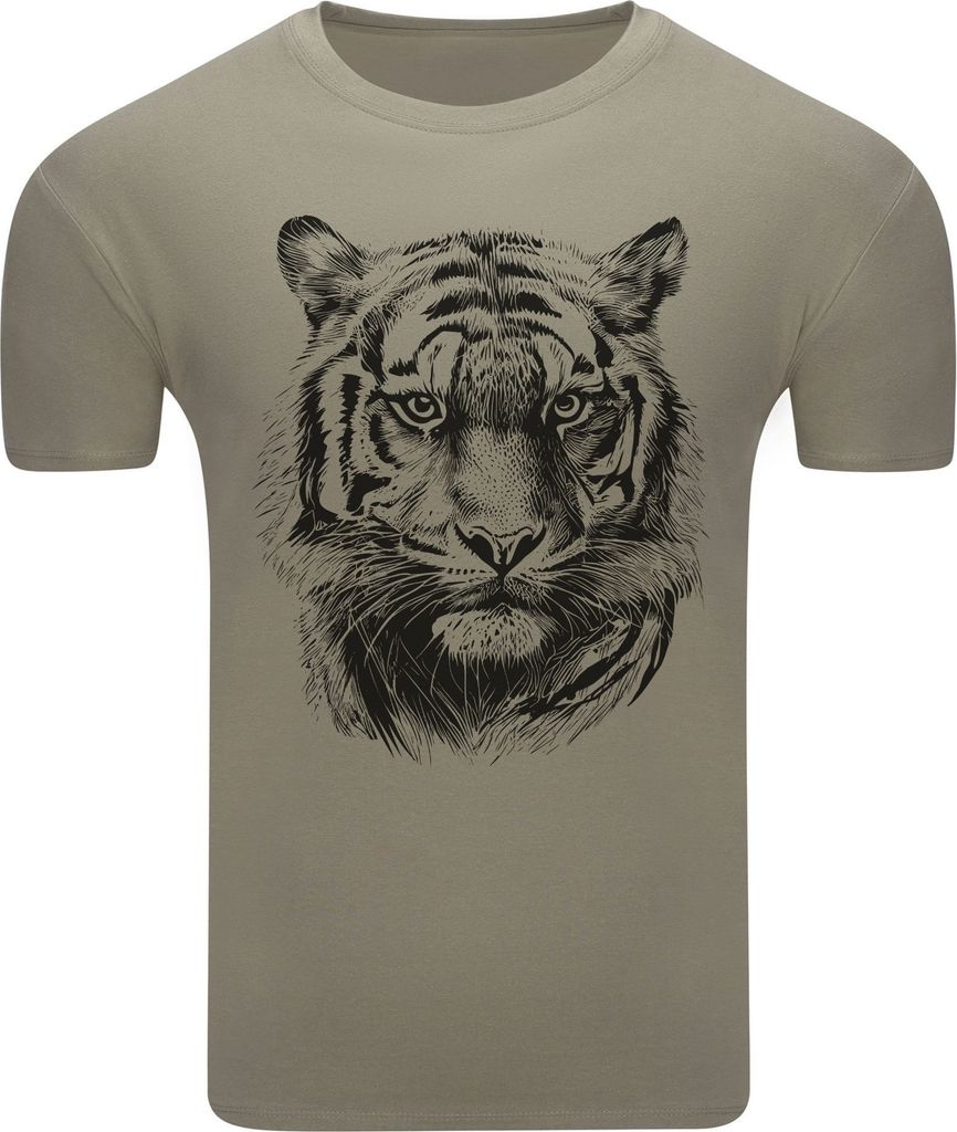 Diarbo Herren T-Shirt mit Tierliebhaber Druck Skizze eines Tigerkopfes Khaki Gr.XL