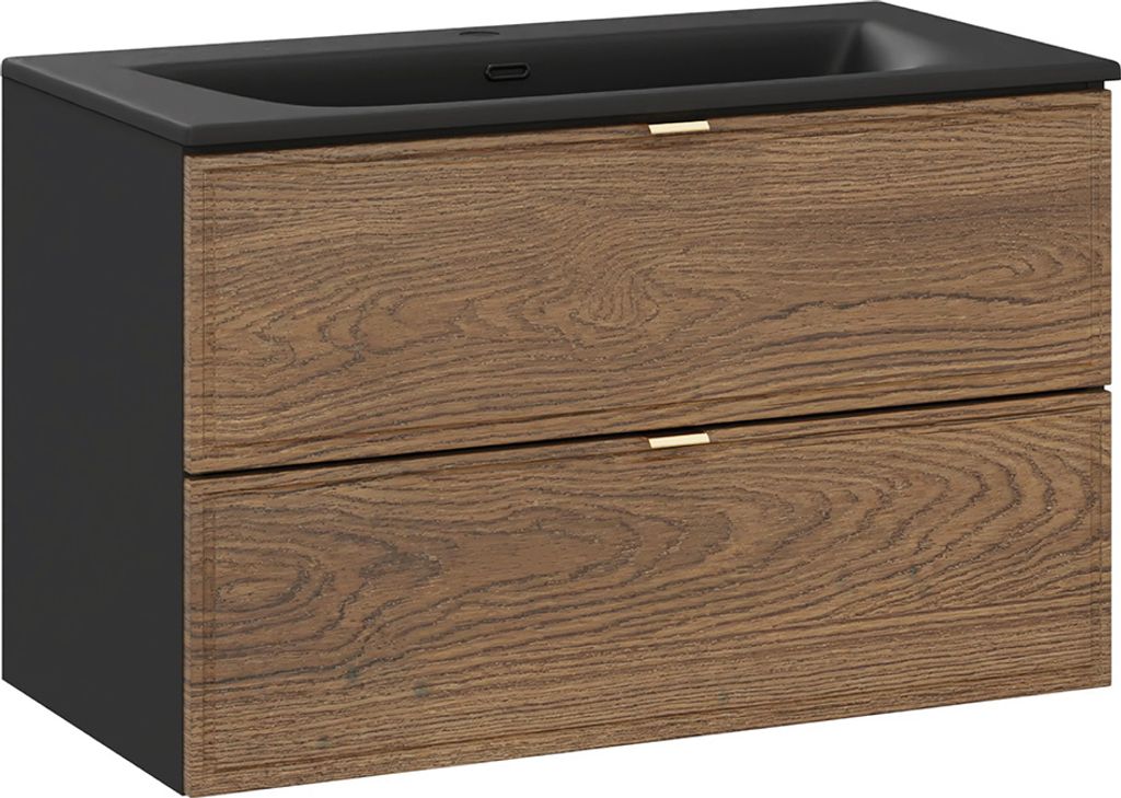 Waschtisch 80 cm in Eiche und schwarz, hängend mit 2 Schubladen - TARSIA-56