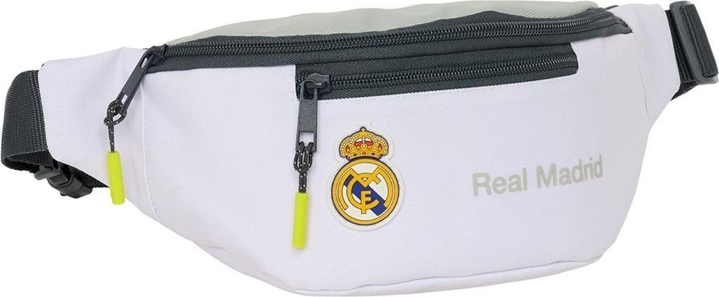 A white Real Madrid fanny pack with a logo and text.