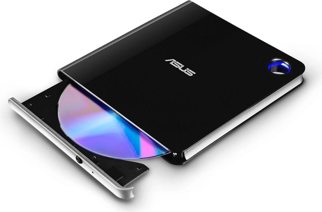 A black ASUS external DVD drive with a CD partially inserted.