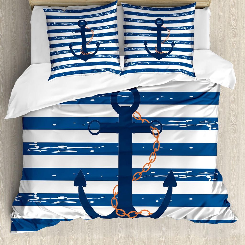 ABAKUHAUS Anker Bettbezug Set, Schiffskette Marine Life Inspired Linien Hintergrund Ocean Sailing Stripes Print, 200 x 200 cm + 80 x 80 cm, Blau Un...
