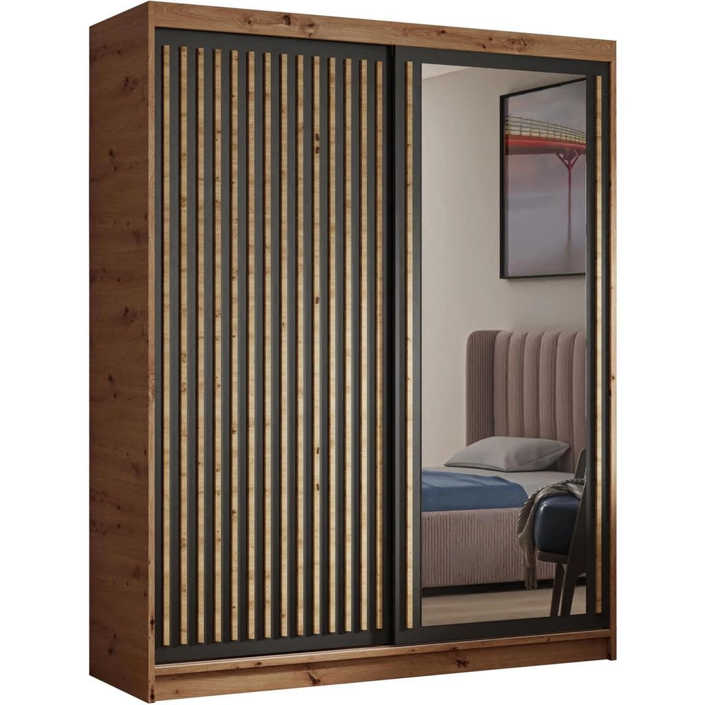 BEAUTYSOFA | Kleiderschrank DONATELLO 160 cm mit Spiegel, Schiebetüren – Moderner Garderobenschrank mit Lamellen, Eiche Artisan / Schwarz