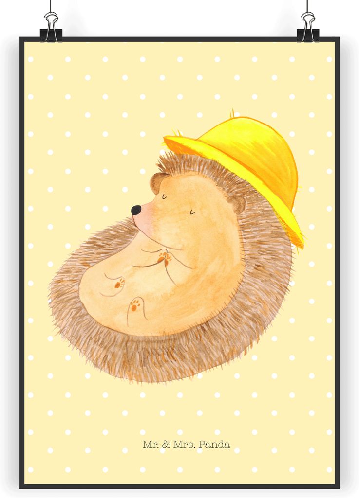 Mr. & Mrs. Panda Bild Igel Beten DIN A3 - Gelb Pastell - Geschenk, Amen, Plakat, drucke, Posterdruck, Wanddekoration, Sonnenhut, Lustige Sprüche, ...