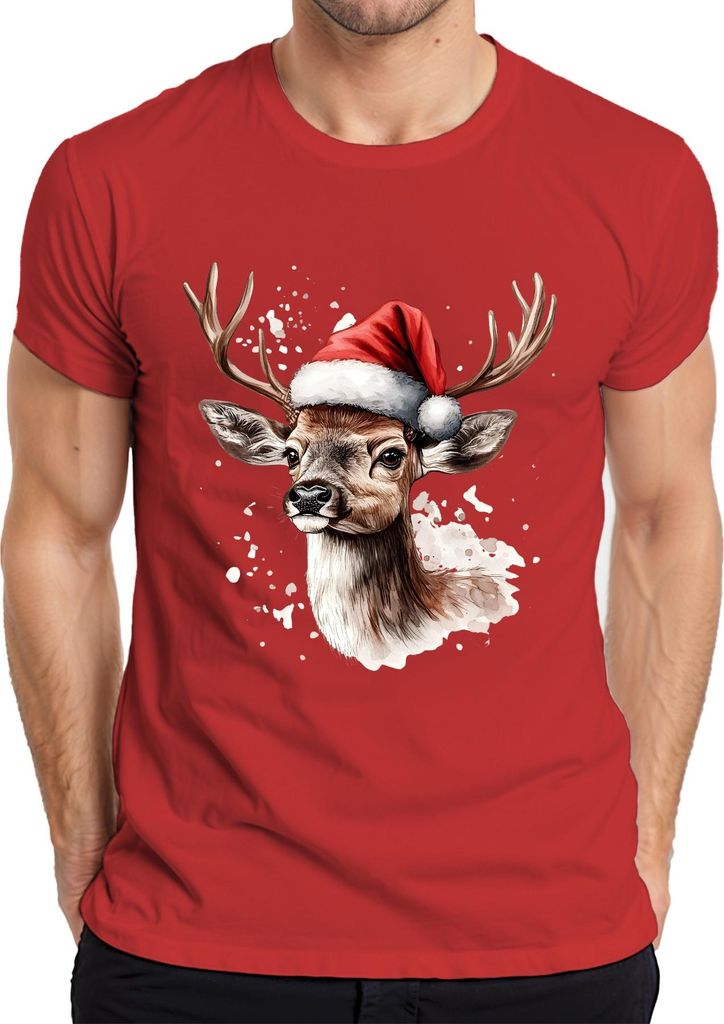 Rentier Geweih Santa Weihnachten Aquarell Spritzer Geschenk Herren T-Shirt, Rot, 3XL