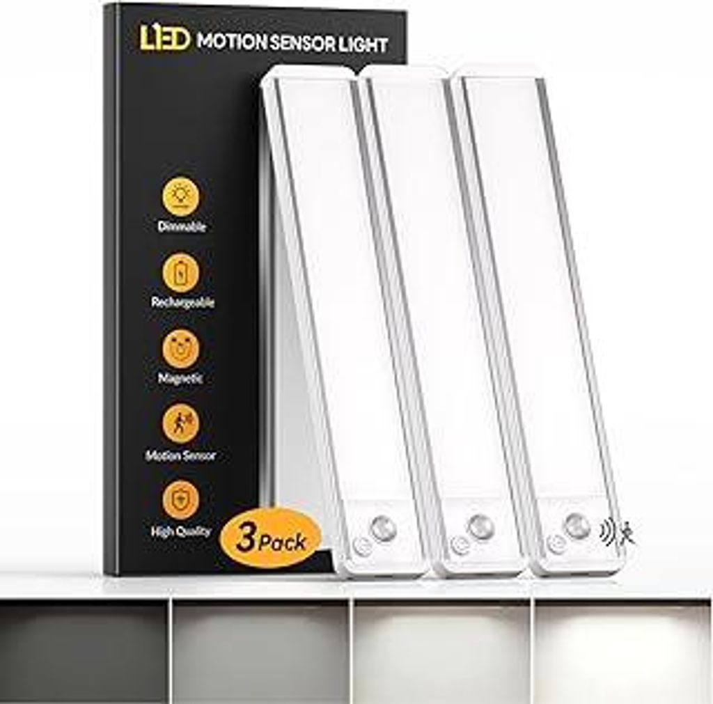 Unterbauleuchte Küche Led 3 Stück | 6000K Schrankbeleuchtung Led Leiste mit Bewegungsmelder| 1100mAh Wiederaufladbar & Dimmbar | Magnetische Bele...