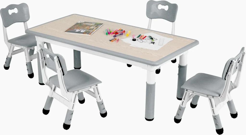 Kindertisch mit 4 Stühlen - Spiel- & Lerntisch-Set - Höhenverstellbar - 120x60 cm - 5-teilig - Kunststoff-Holz-Verbund - Hellgrau