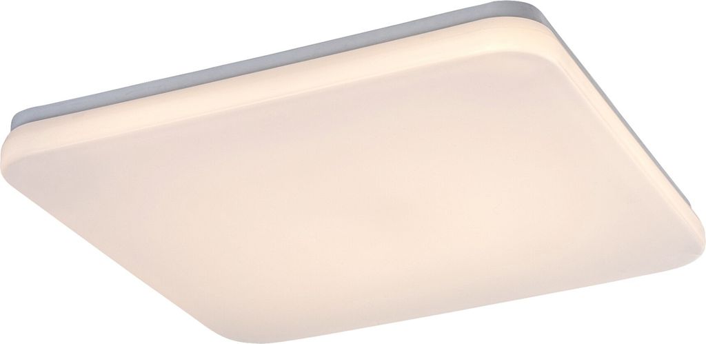 A close-up, angled view of a white, rectangular LED ceiling light with a gray trim.