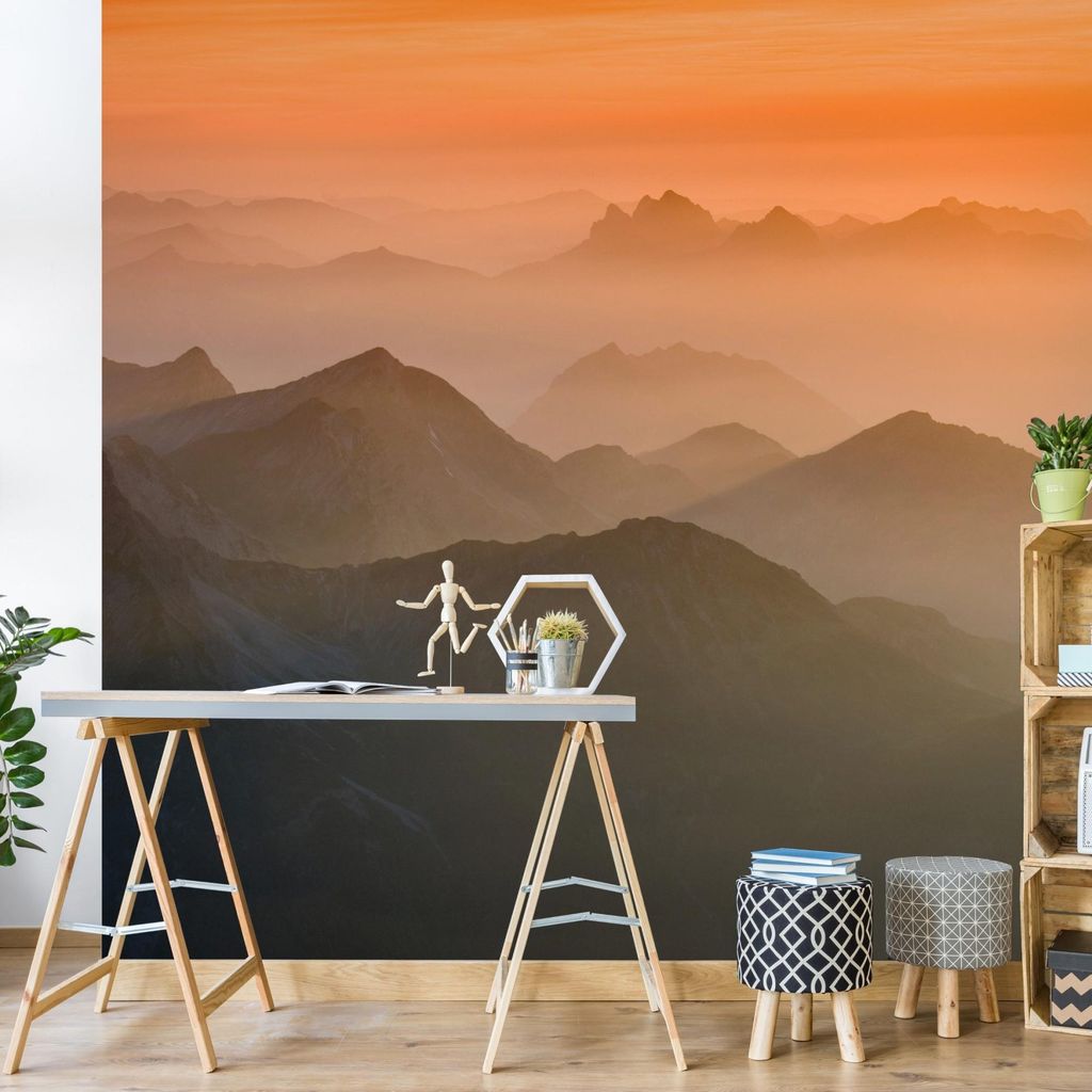 Fototapete Natur - Vliestapete - Bildtapete UV-beständig Berg orange Motiv Wandtapete geruchsfrei