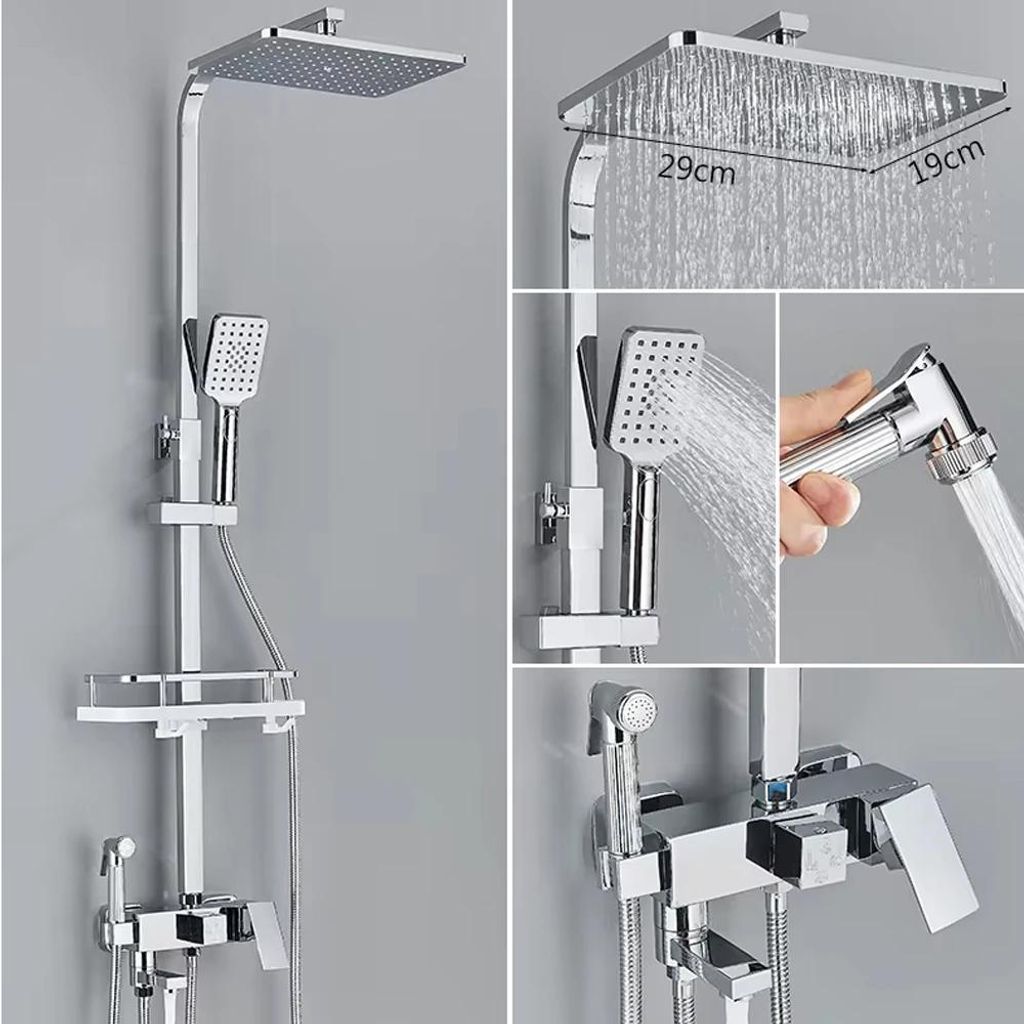 Duschsystem - Regendusche Set - 4 Funktionen, Höhenverstellbar & Schwenkbar, 20 cm Kopfbrause, Messingarmatur, Keramikkartusche, ABS - Chrom/Weiß