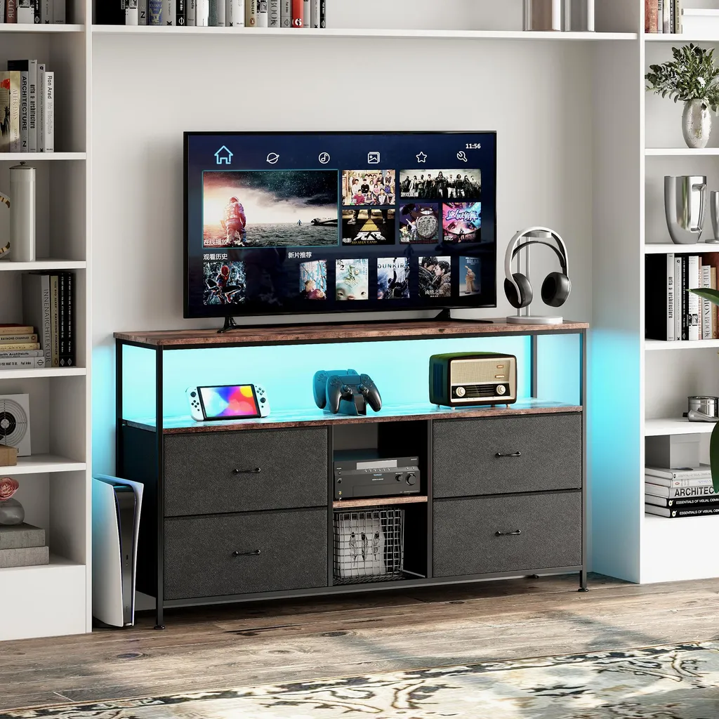 Panca TV LED 4 Cassetti 108cm | Design Vintage Nero Industriale