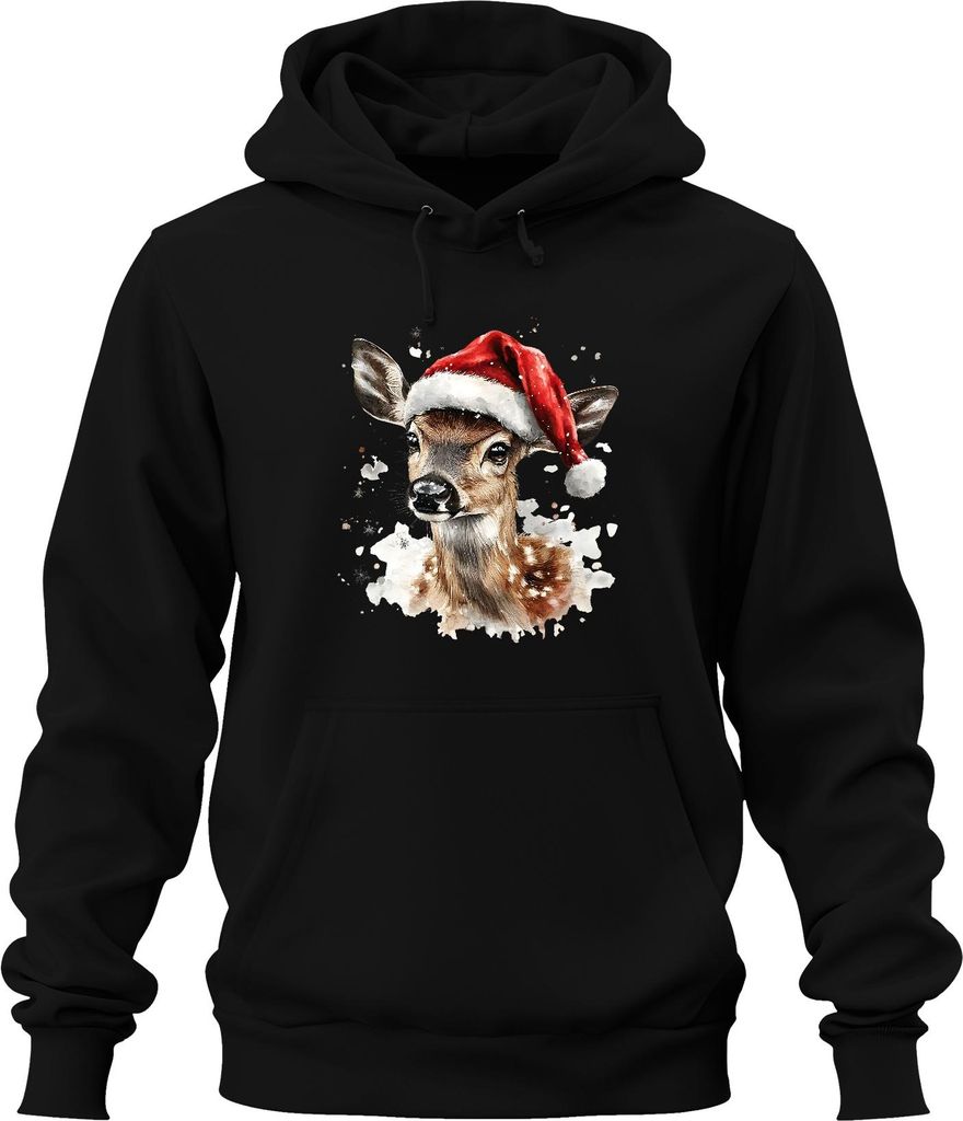 Weihnachten Rehkitz Aquarell Santa niedlich Winter Geschenk Uni Hoodie Kapuzenpullover, Schwarz, XXL