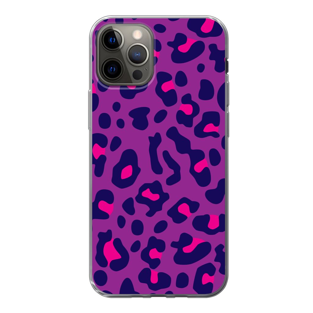 MuchoWow Handyhülle Schutzhülle Hülle für iPhone 12 Pro Pantherdruck - Lila - Rosa Silikon Softcase Handy Hülle - Abdeckung