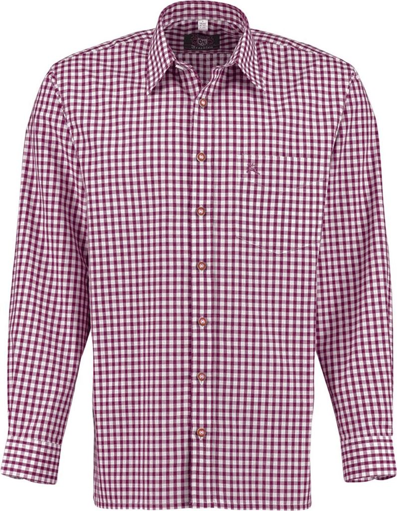 Trachtenhemd für Lederhosen Langarm Trachtenmode mit Hirsch Stickerei, Farbe:Weinrot, Größe:2XL
