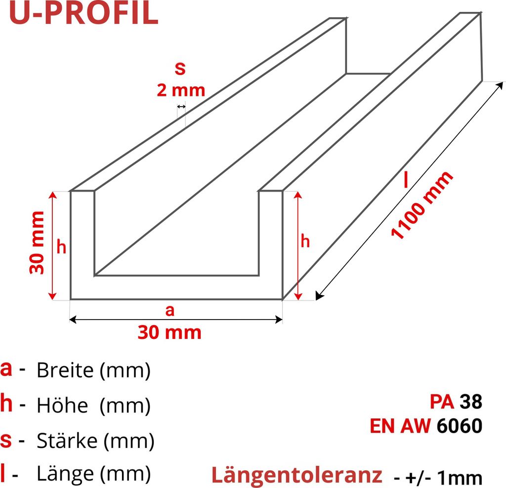 ALUMINIUM U-PROFIL 30x30x30x2 mm 110 cm ALUMINIUM PA38 + Produktbild 