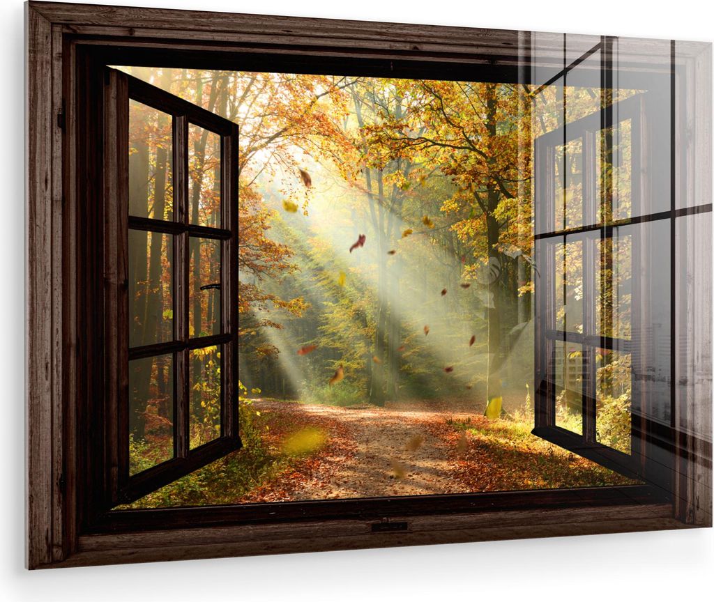 MuchoWow Glasbilder - Bilder auf Wandbild - Foto auf Glas Wald - Bäume - Herbst - Sonne - Herbstlaub - Natur - Ansichten 60x40 cm Wanddekoration a...