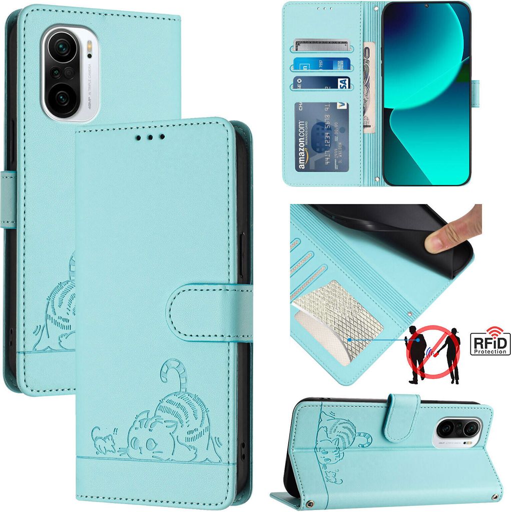 Leder Hülle für Xiaomi Poco F3/Redmi K40 /K40 Pro/Mi 11i Süße Katze Flip Case Brieftasche Schutzhülle mit Standfunktion hellgrün