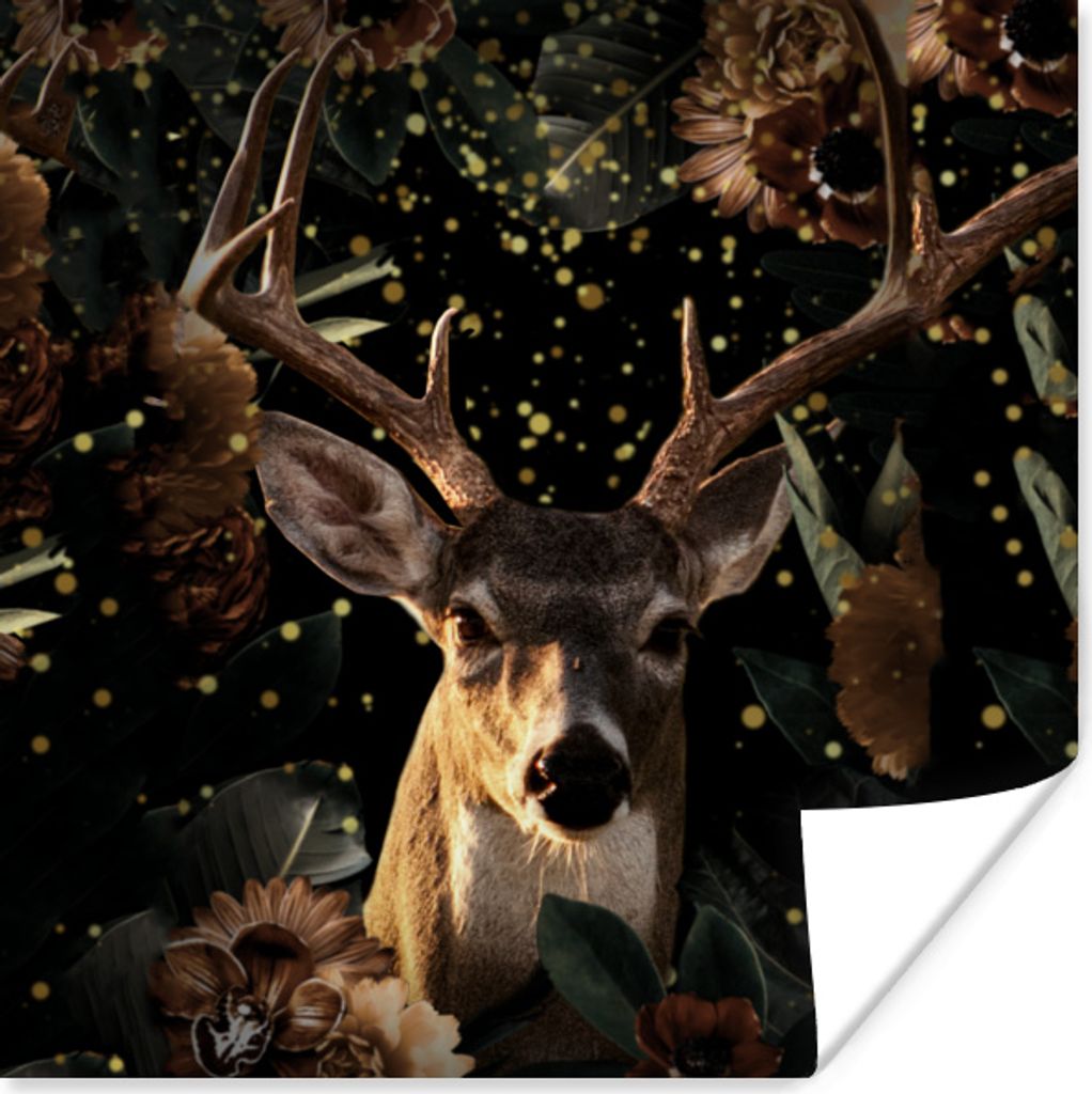 MuchoWow Poster Hirsche - Blumen - Licht - Botanisch 75x75 cm - Wand Dekoration