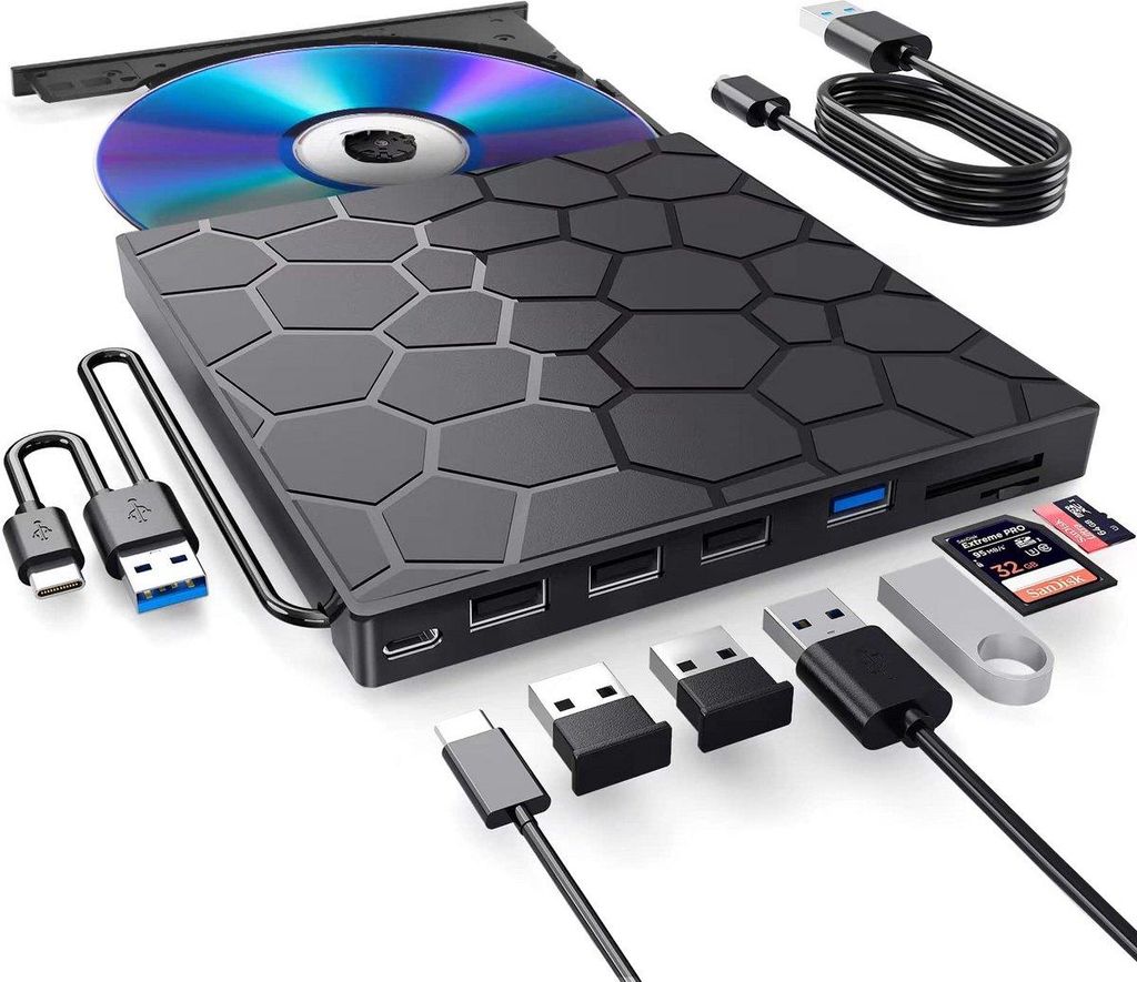 8-in-1 Externes DVD/CD-Laufwerk USB 3.0 & Type-C – Plug & Produktbild 