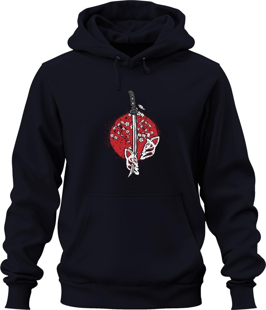 Katana Samurai Kitsune Maske Sakura Kirschblüten Japan Sonne Uni Hoodie Kapuzenpullover, Navy, L