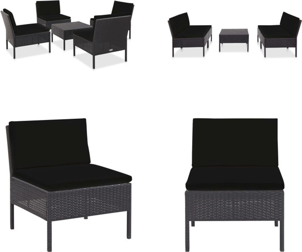 vidaXL 5 tlg. Garten Sofagarnitur mit Auflagen Poly Rattan Schwarz - Gartensofa-Set - Gartensofa-Sets - Garten-Lounge-Set - Garten-Lounge-Sets