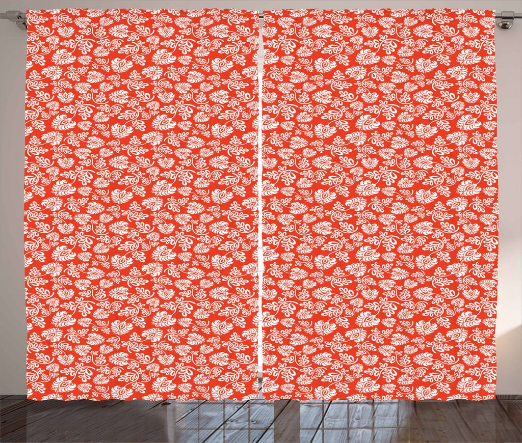 ABAKUHAUS Blumen Rustikaler Gardine, Jugendstil-Muster, Schlafzimmer Kräuselband Vorhang mit Schlaufen und Haken, 280 x 225 cm, Orange Weiß