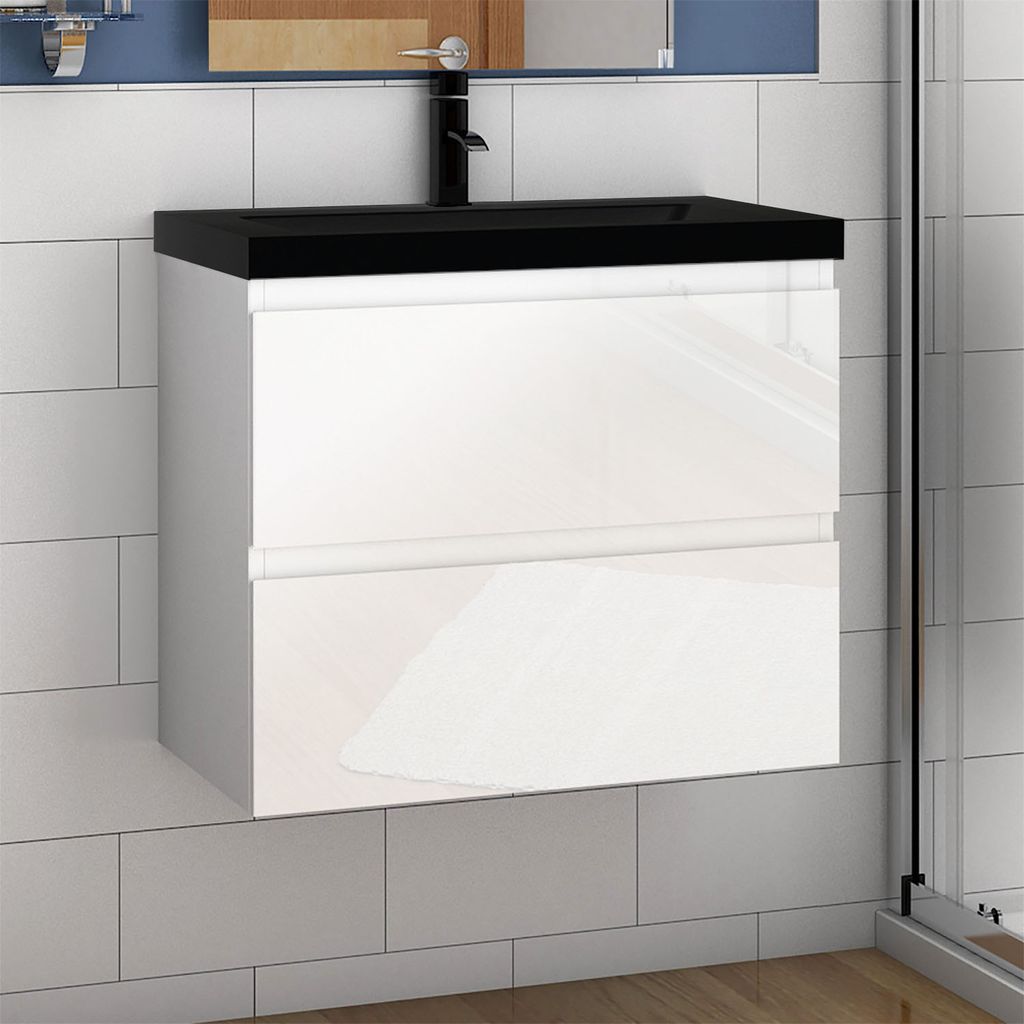 Waschtisch mit Unterschrank 60cm Alast Badmöbel Set Hochglanz Weiß Waschbecken mit Unterschrank MDF Softclose