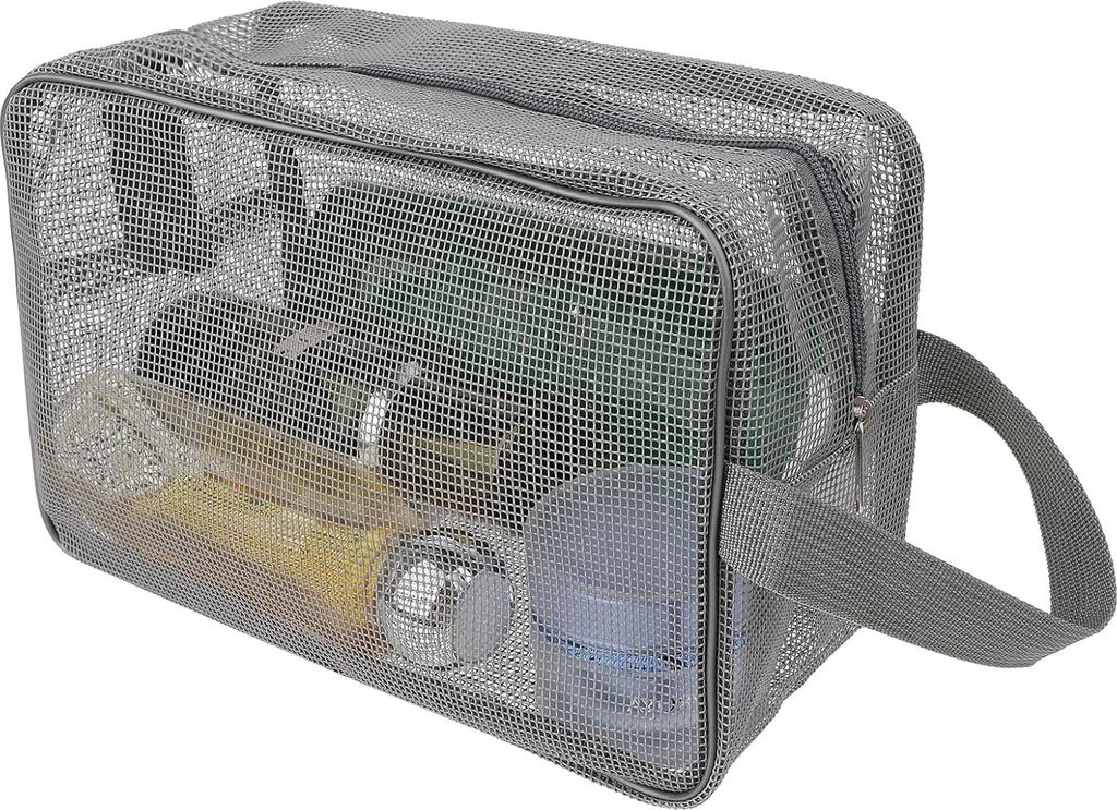Tragbare Mesh-Duschcaddy - Schnell trockende Tragetasche mit Reißverschluss für Fitnessstudio, Reisen, Camping, Schwimmen und Strand (Grau)