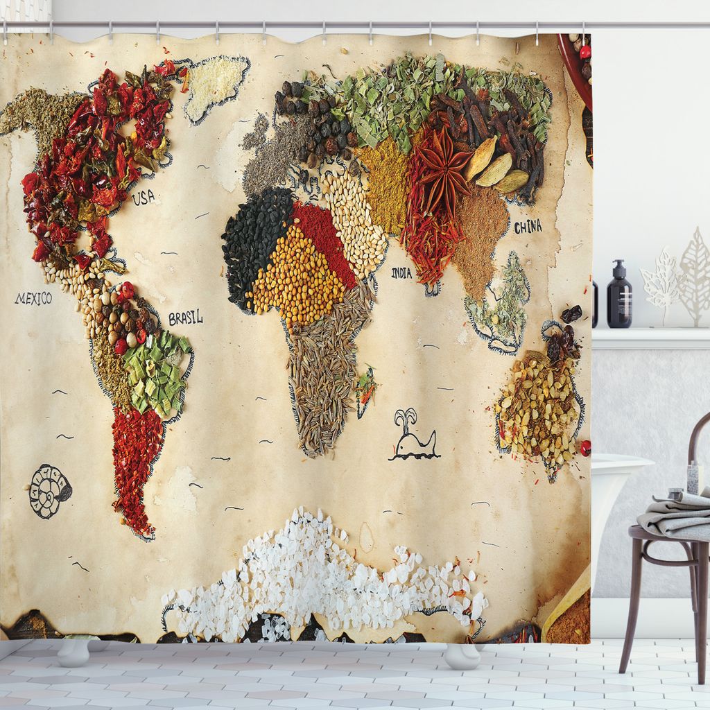 ABAKUHAUS Weltkarte Duschvorhang, Boho Lebensmittel, Wasser Blickdicht inkl.12 Ringe Langhaltig Bakterie und Schimmel Resistent, 175 x 240 cm, Mehr...