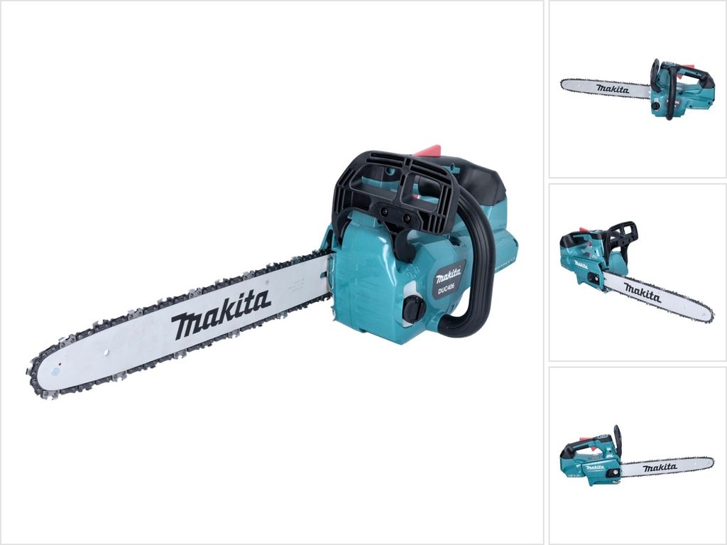 A teal and black chainsaw with a silver bar is shown against a white background.