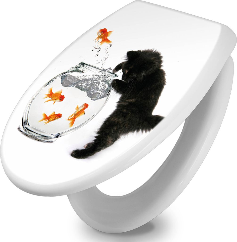 banjado Toilettendeckel mit Absenkautomatik 37,3x45x5cm -Katze Und Fisch - WC Brille Soft Close - hygienischer Toilettendeckel/Klodeckel Duroplast ...