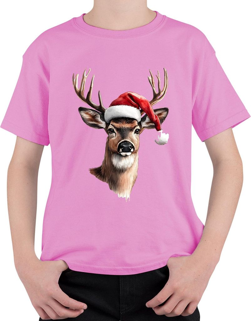 Rentier Hirsch Geweih Santa Hut Weihnachten Geschenk Vintage Uni Kinder T-Shirt, Pink, 104