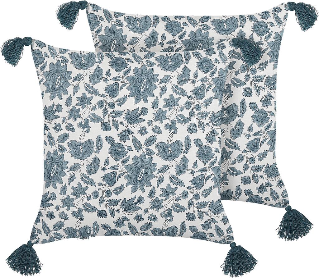 BELIANI Dekokissen 2er Set Blau und Weiß Baumwolle 45 x 45 cm Bezug mit Füllung Reißverschluss Quasten Blumenmuster Boho Modern Wohnzimmer Schla...