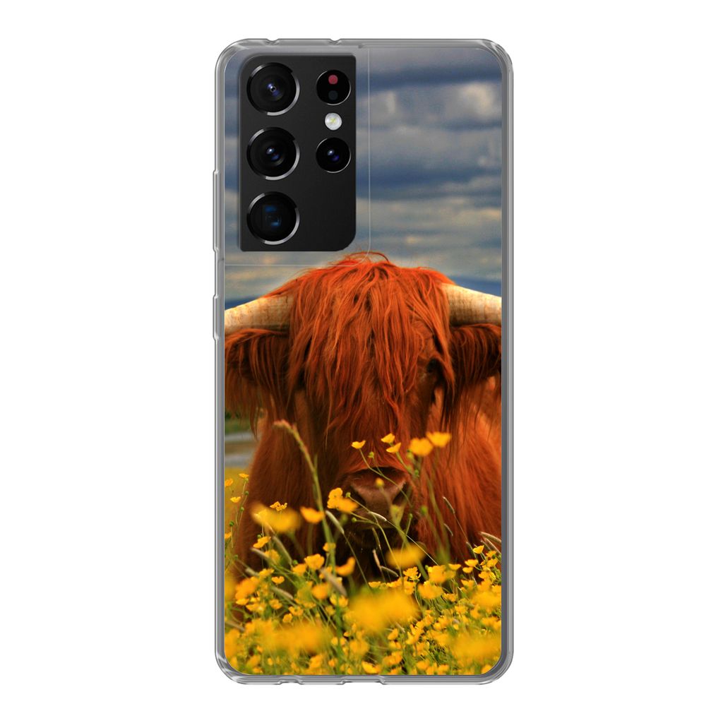 MuchoWow Handyhülle Schutzhülle Hülle für Samsung Galaxy S21 Ultra Schottischer Highlander - Tiere - Blumen Silikon Softcase Handy Hülle - M...