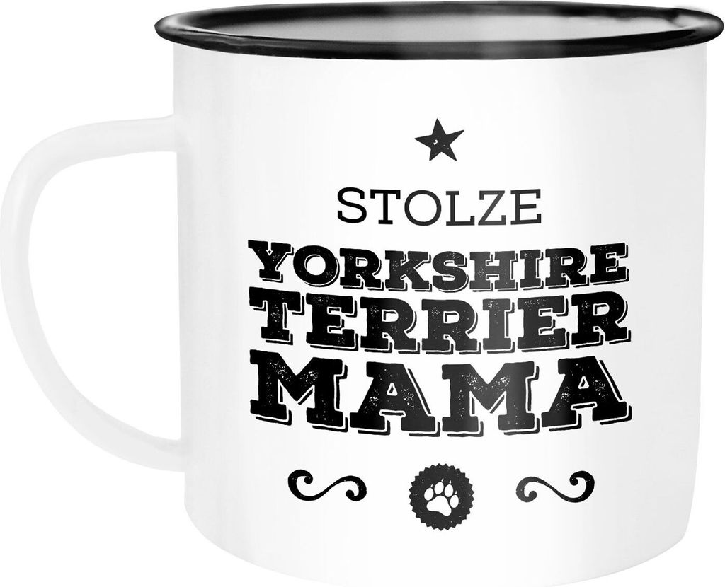 Emaille Tasse Becher Stolze Hunde-Mama Hunde Besitzerin Hundebesitzer Rassen Kaffeetasse Moonworks Yorkshire Terrier weiß-schwarz unisize