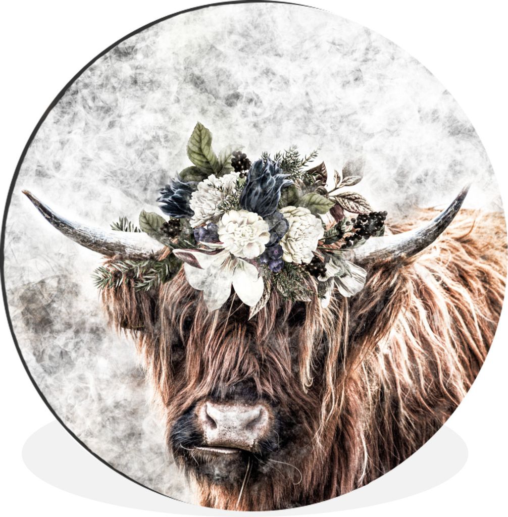 MuchoWow Aluminium Wandkreis Schottischer Highlander - Schottische Kuh - Blumen Ø 30 cm Wanddeko Modern Wohnzimmer - Wand Bild - Wohnzimmer - Ru...