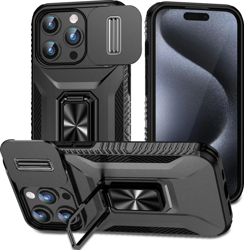 Custodia iPhone 15 Pro Nera: Design Militare, Anello e Copri Camera