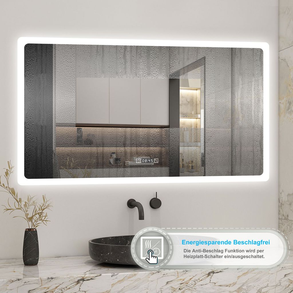 LED Badspiegel 100×60cm mit Uhr Touch Beschlagfrei Kaltweiß Produktbild 3