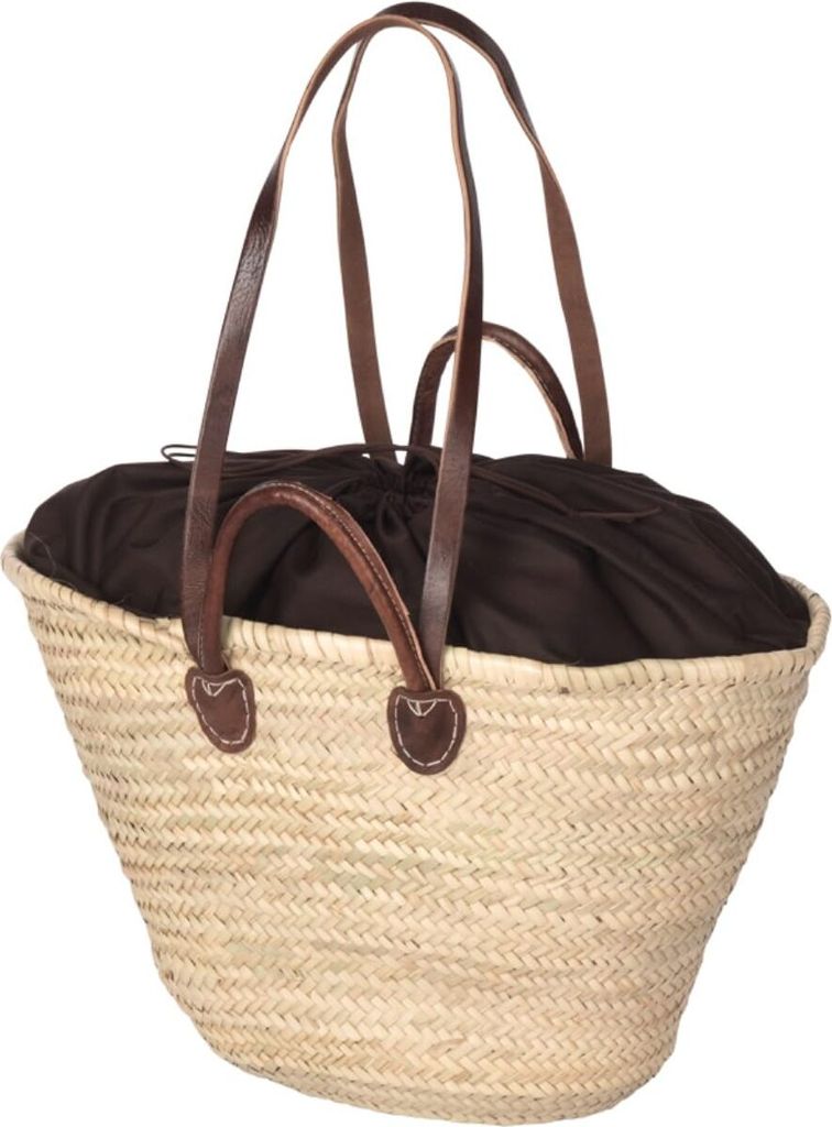 Neustanlo - Strandtasche Ibiza aus Palmblatt Natur oval - mit Stoffzug Braun - Einkaufstasche Einkaufskorb