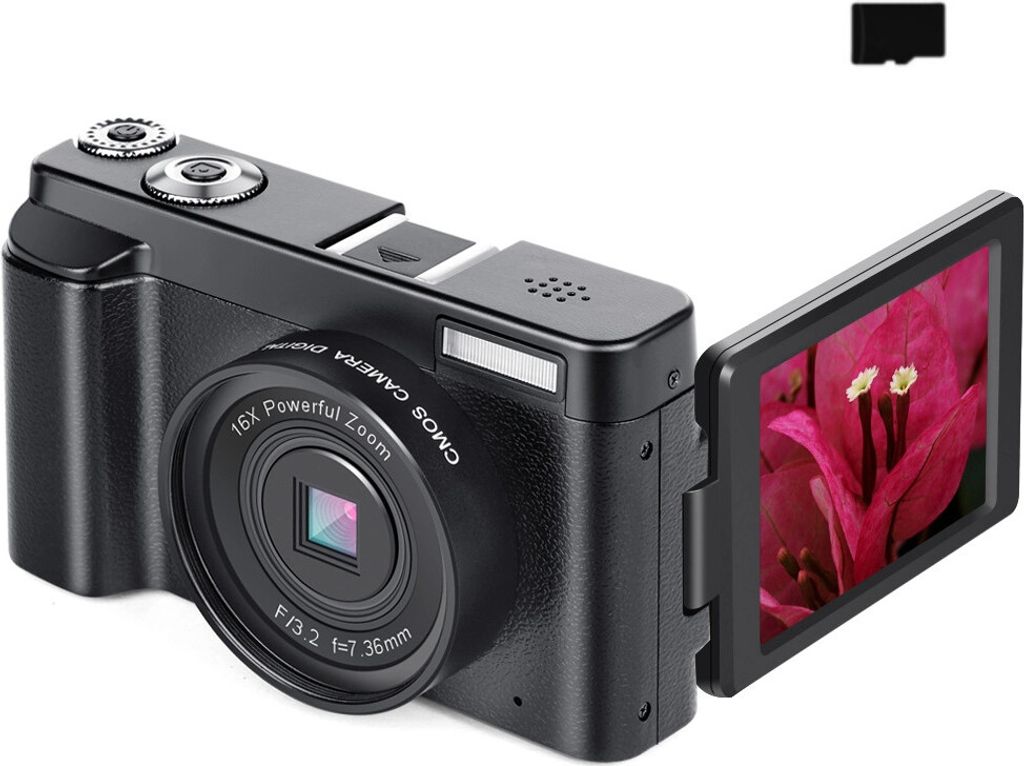 A black digital camera with its screen flipped open, displaying a close-up of a pink flower.