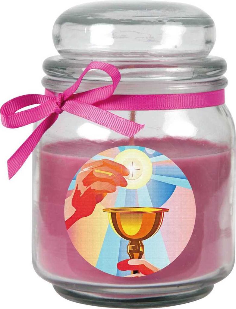 Duftkerze im Bonbonglas zur Kommunion, Duft: Lavendel ( Lila ), 300g - Brenndauer bis zu 70 Stunden