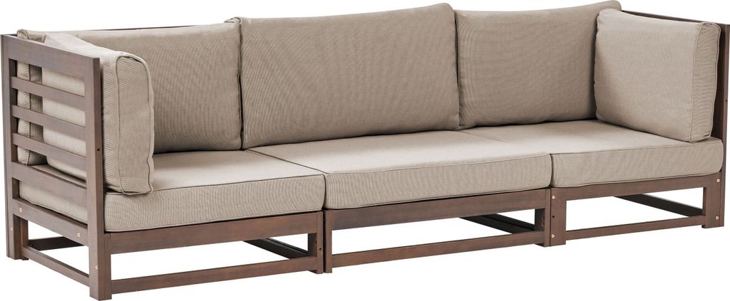 BELIANI Gartensofa Dunkelbraun aus Akazienholz mit Auflagen in Taupe 3-Sitzer Sofa Retro Landhaus Stil Terrasse Outdoor Außenbereich