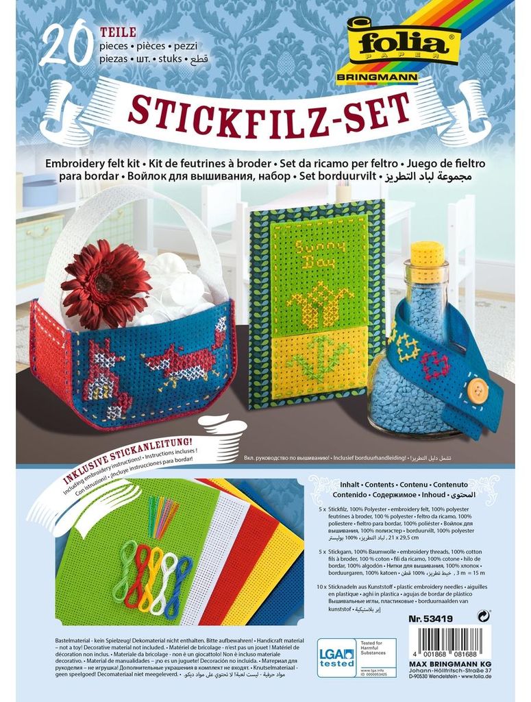 Stickfilz Set 20 Teile, Inhalt 5 Blatt, 5 Garne, 10 Produktbild 