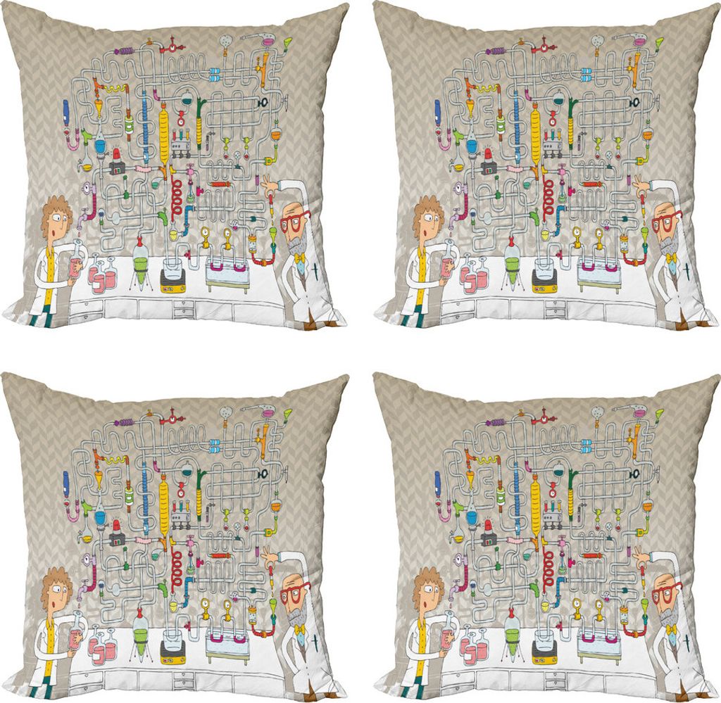 ABAKUHAUS Labor Kissenbezug Set (4 Stück), Professor macht ein Experiment, Moderner Doppelseitiger Digitaldruck, 45 cm x 45 cm, Mehrfarbig