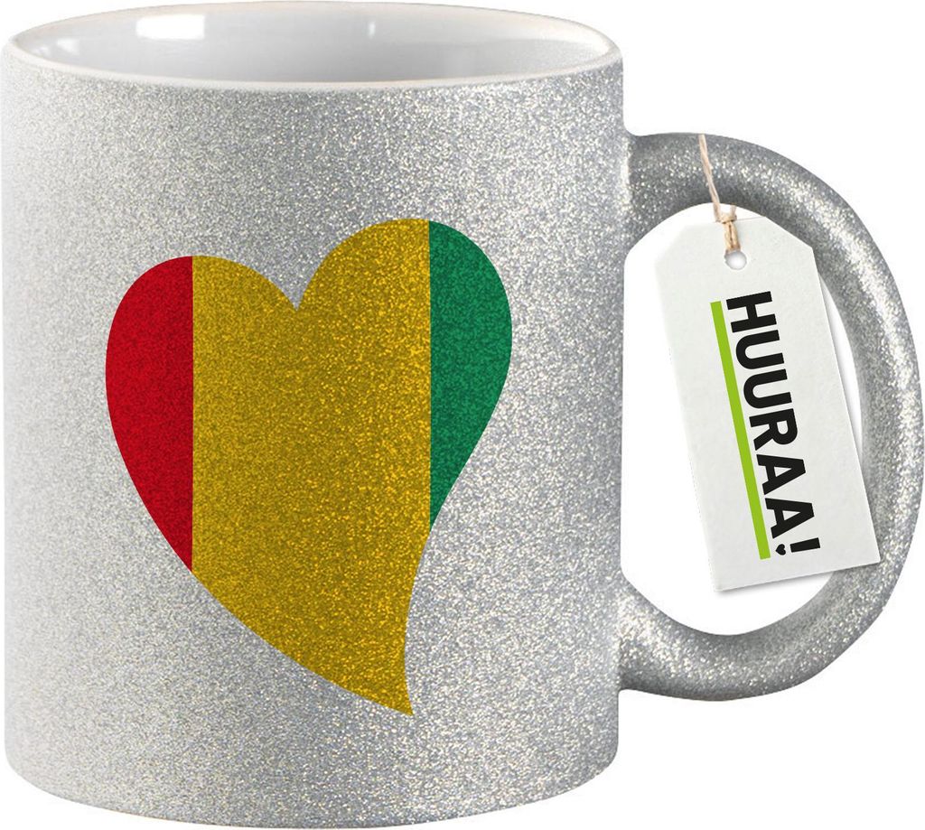 Huuraa Glitzertasse Guinea Flagge Herz 330ml Silber Keramik Kaffeebecher Geschenkidee